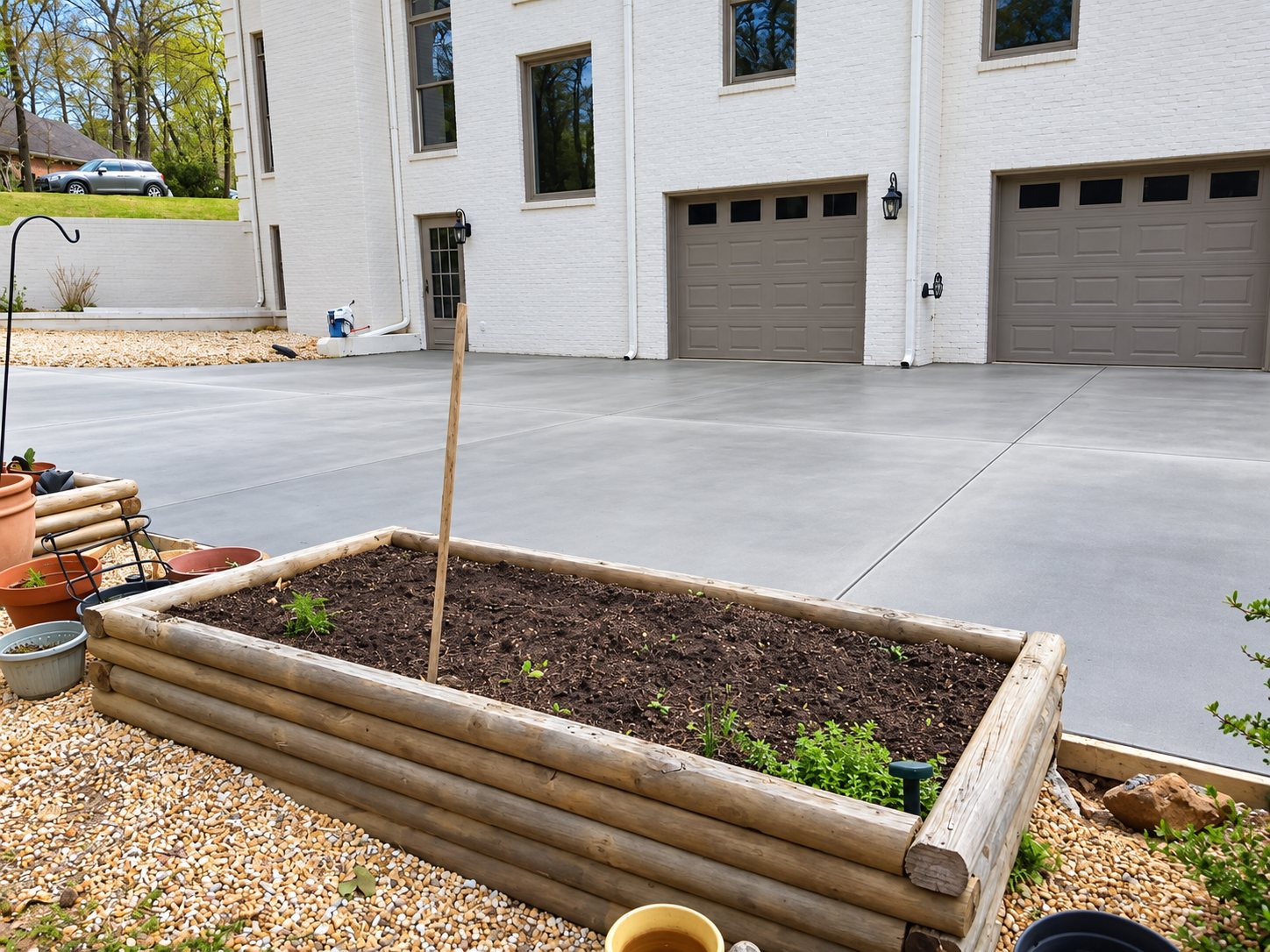 New concrete driveway and parking pad in front of a white brick home with a three-car garage