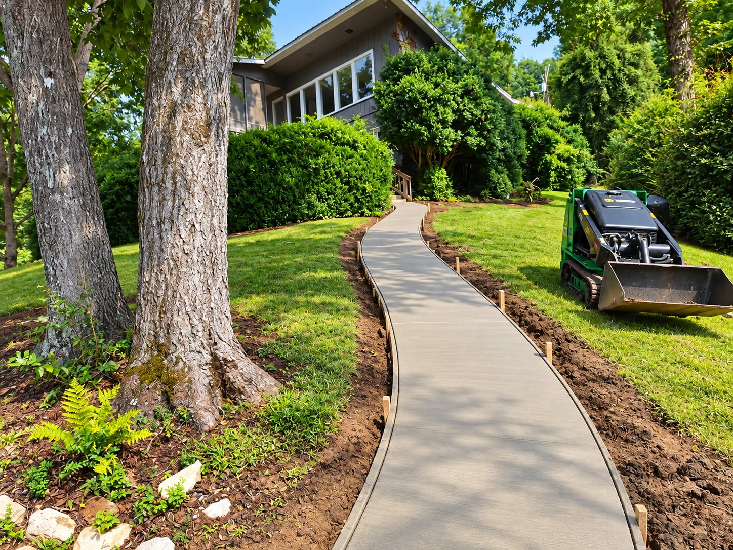 Curved concrete walkway winding between trees to a home