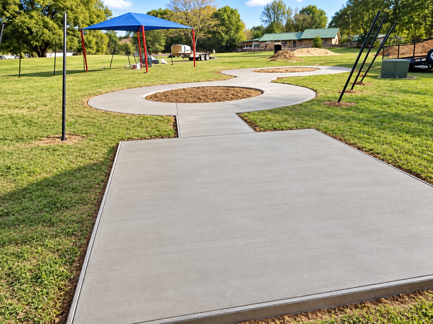 Concrete pad and curved sidewalk at a community park