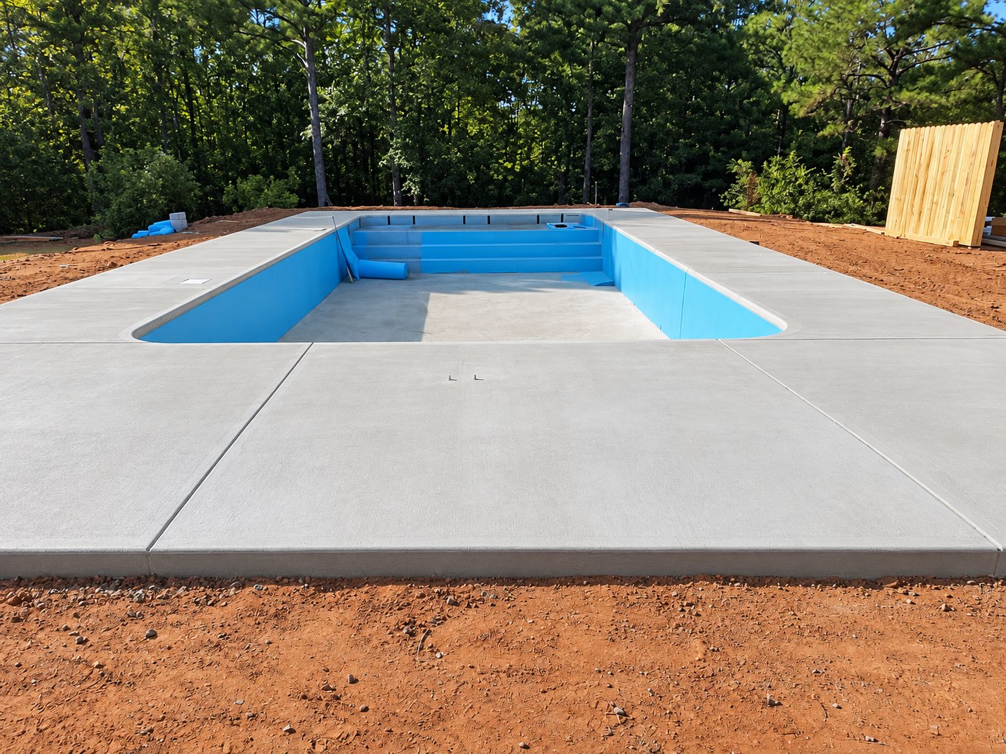 New broom-finish concrete pool deck around an in-ground pool