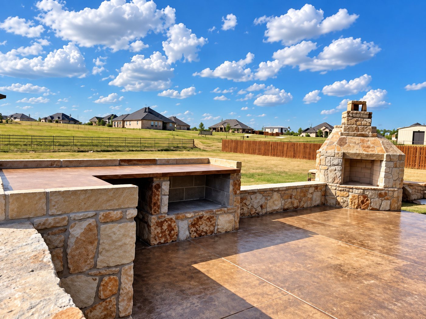 Stone outdoor kitchen counter and stone outdoor fireplace on a stained concrete patio