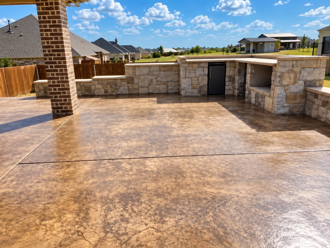 Stained and sealed concrete patio with a stone outdoor kitchen, stone seat wall, and brick column