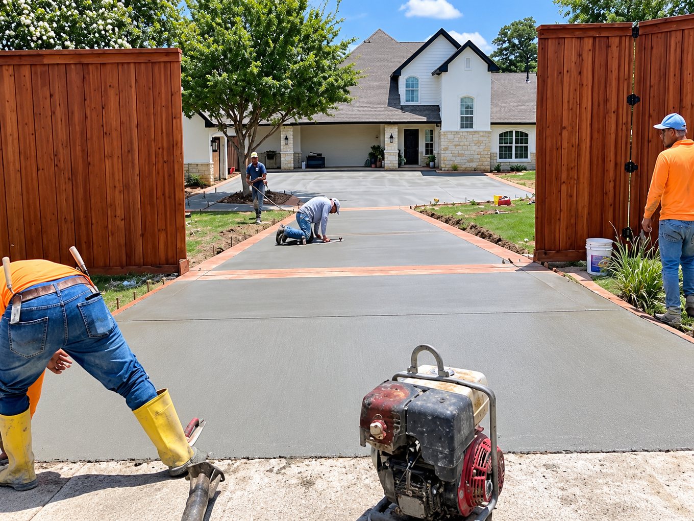 Crew finishing a new broom-finish concrete driveway between two cedar fence gates
