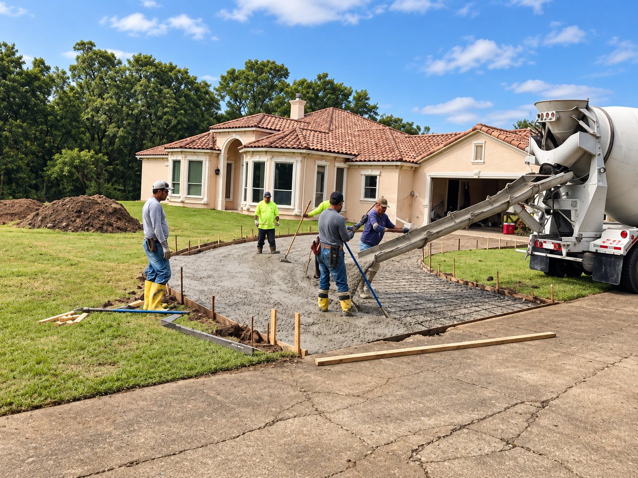 Crew pouring a curved concrete driveway from a mixer truck over reinforcing mesh
