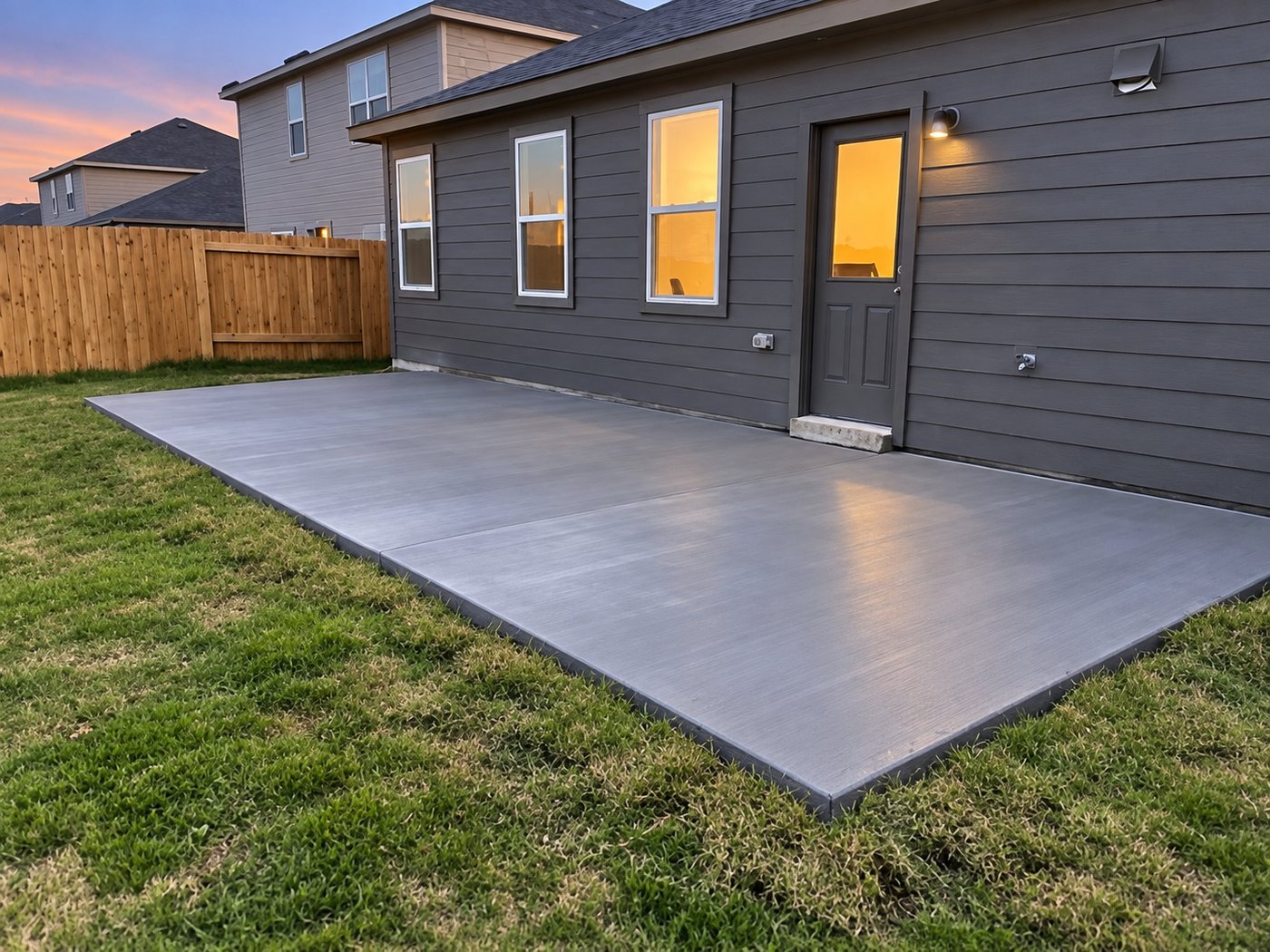New broom-finish concrete patio behind a gray-sided house at dusk