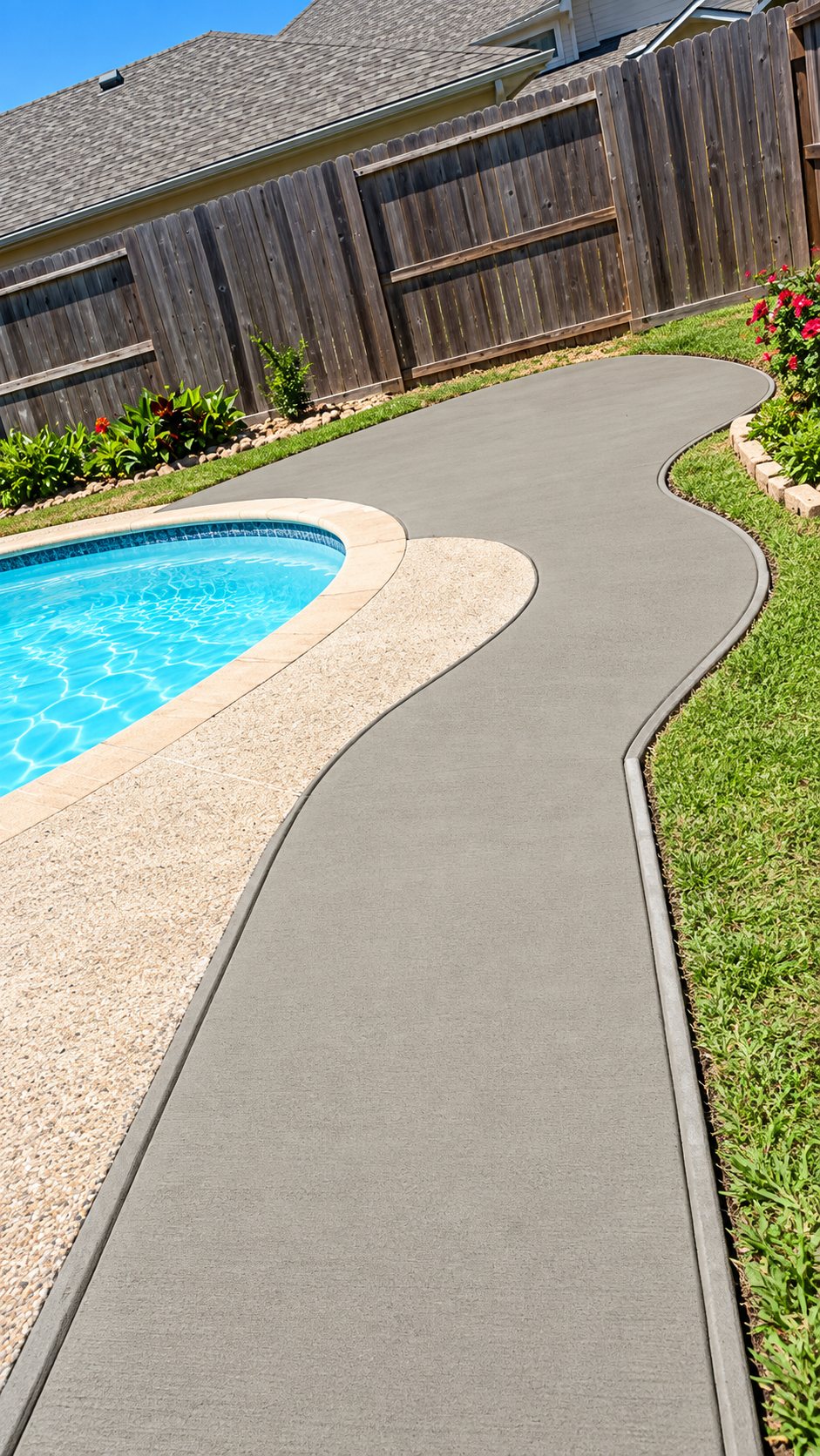 Curved broom-finish concrete walkway beside an exposed-aggregate pool deck