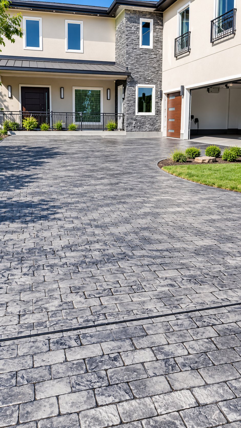 Gray stamped cobblestone-pattern concrete driveway in front of a modern two-story home