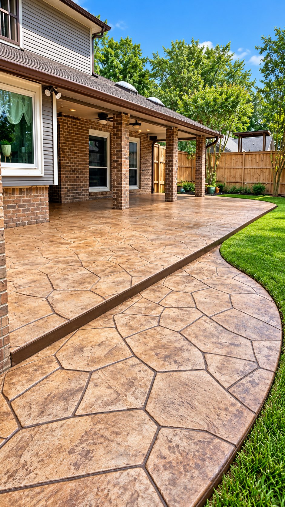 Stamped flagstone-pattern concrete patio wrapping a covered brick porch