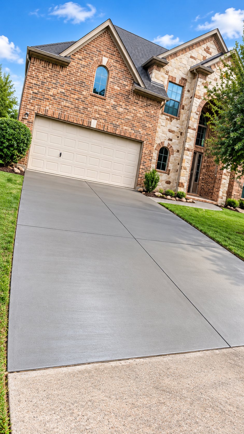 New broom-finish concrete driveway in front of a brick and stone two-story home