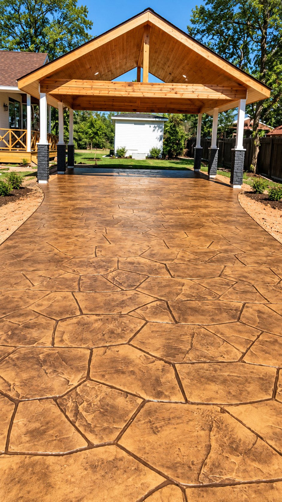 Stained, stamped flagstone concrete slab under a new wood-beam backyard pavilion