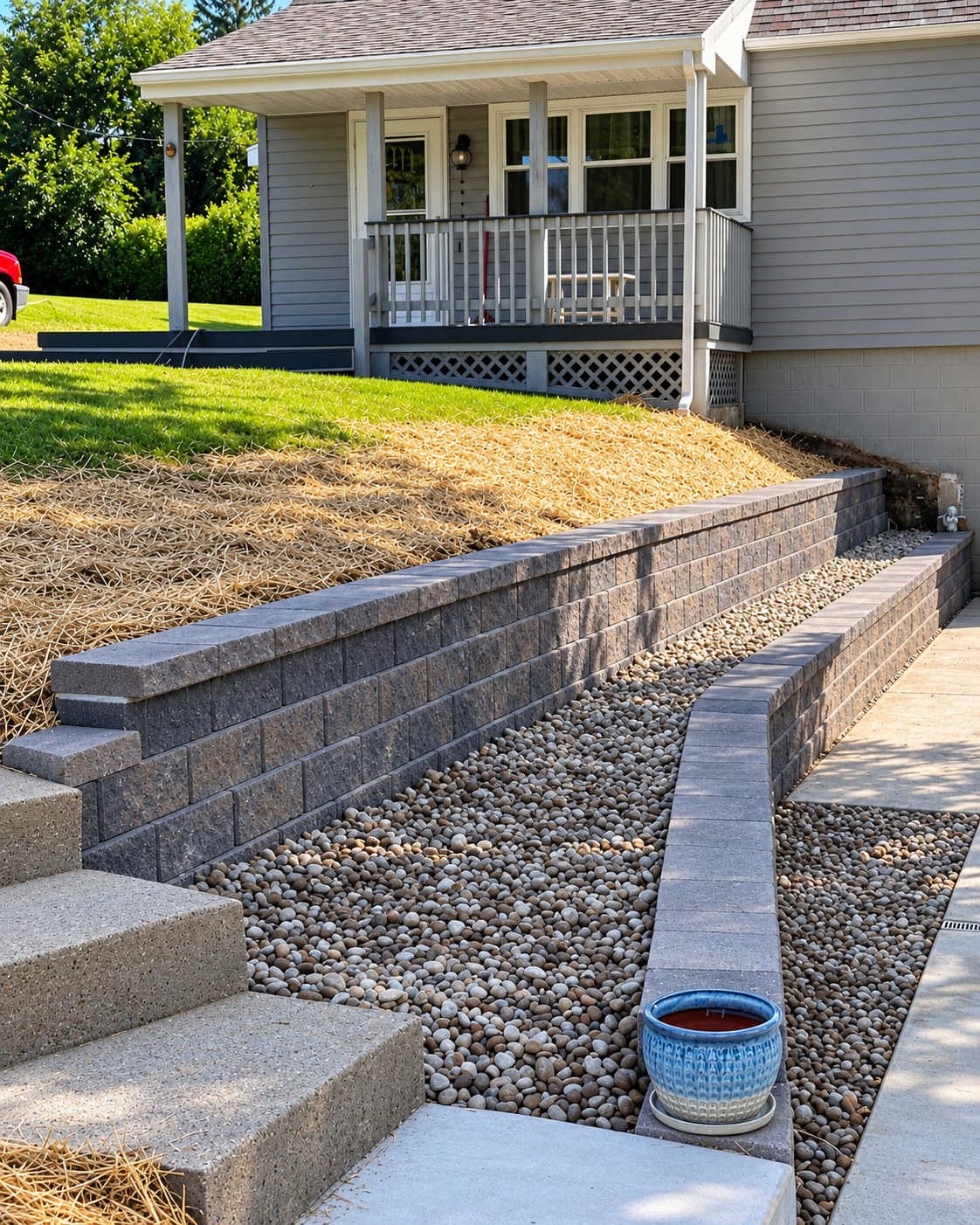 Finished block retaining wall with concrete steps and a freshly seeded slope