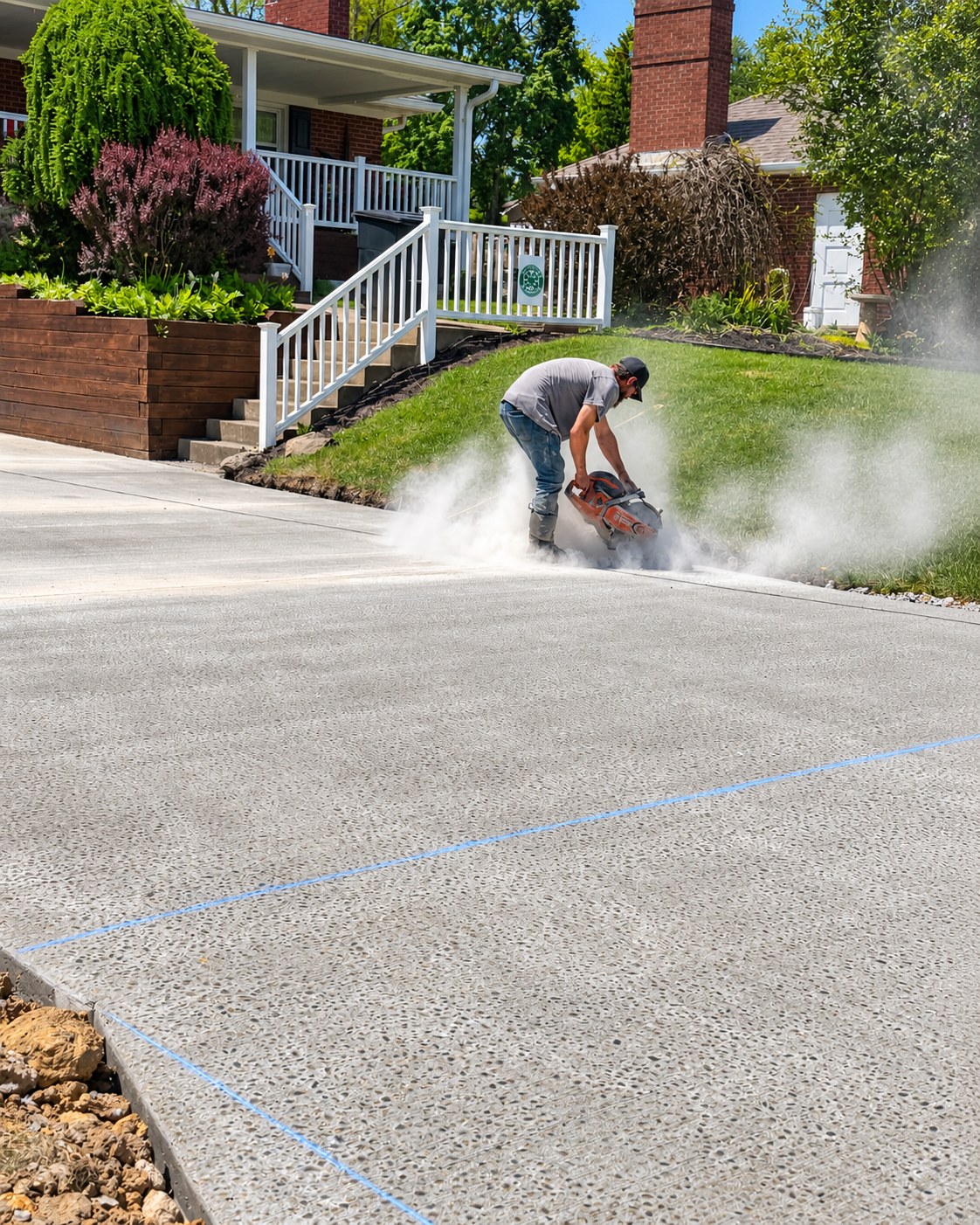 Owner Tim saw-cutting control joints in a new concrete driveway