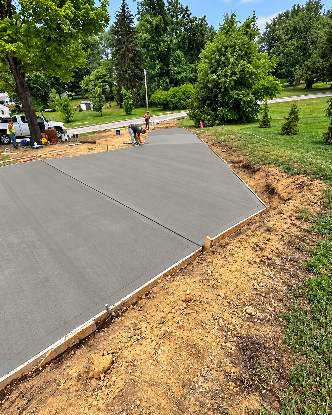 New broom-finish concrete driveway on a rural lot, with the crew working at the far end