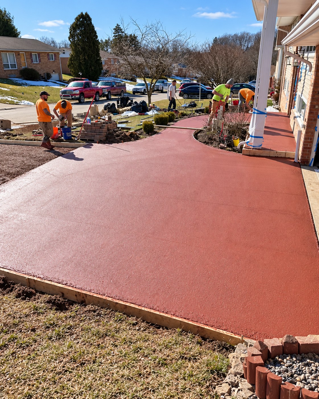 Red colored concrete patio wrapping around a porch while the crew works