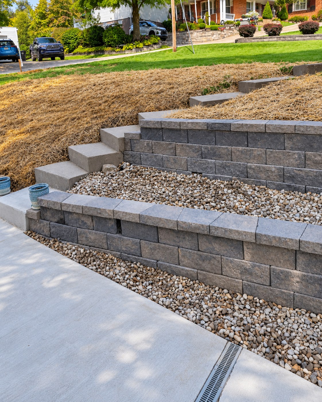 Two-tier block retaining wall with stairs beside a sidewalk
