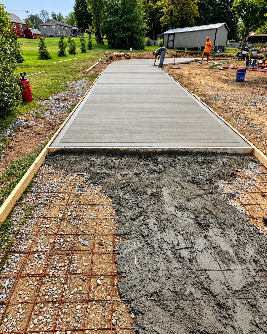 Steel reinforcement grid on a compacted gravel base as the driveway pour begins
