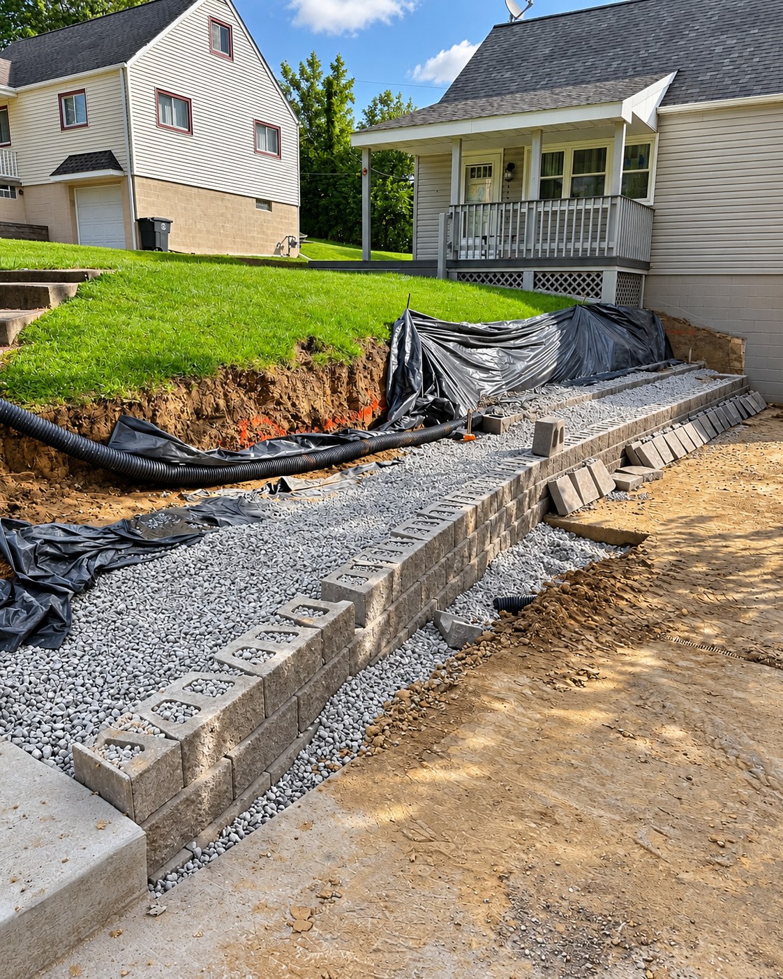 Block retaining wall being built, with gravel backfill behind it
